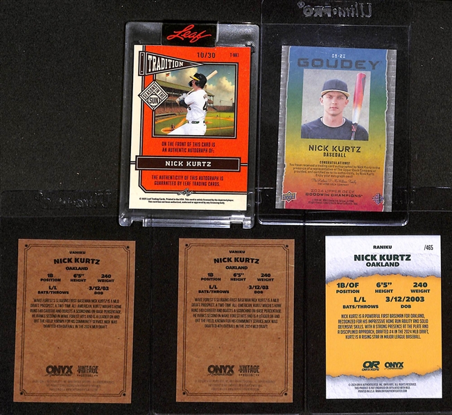 Lot of (5) Nick Kurtz Autographed Baseball Cards w. 2025 Leaf Seasons in the Sun Auto #10/30